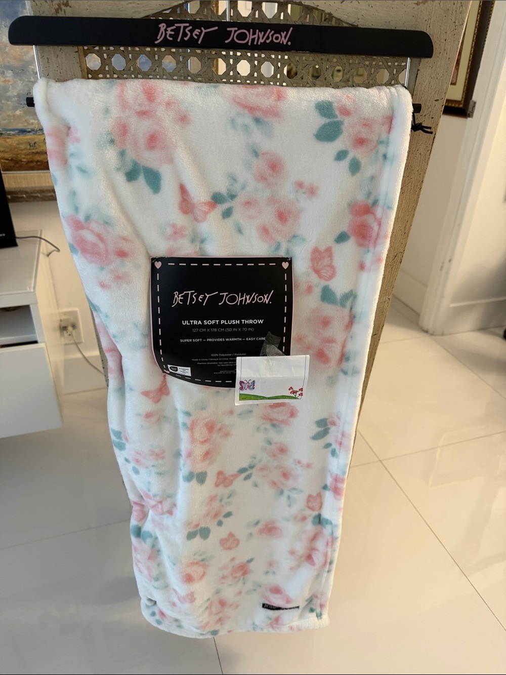Betsey Johnson White /Pink Floral & Teal Leaves & Butterflies Throw Blanket